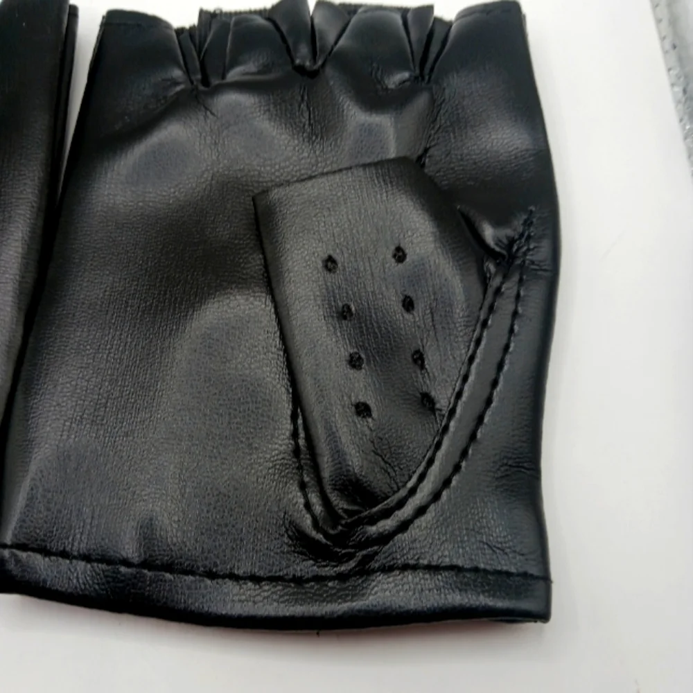 Black Faux Leather Studded + Black Cotton Fingerless Gloves Unisex -New